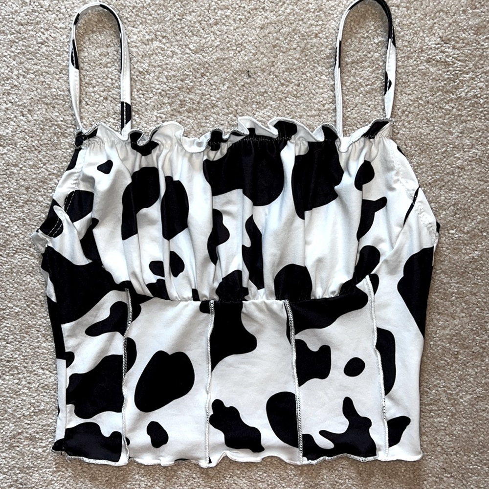 Brand new,  cow print crop top,  elastic neckline,  stitching down front,